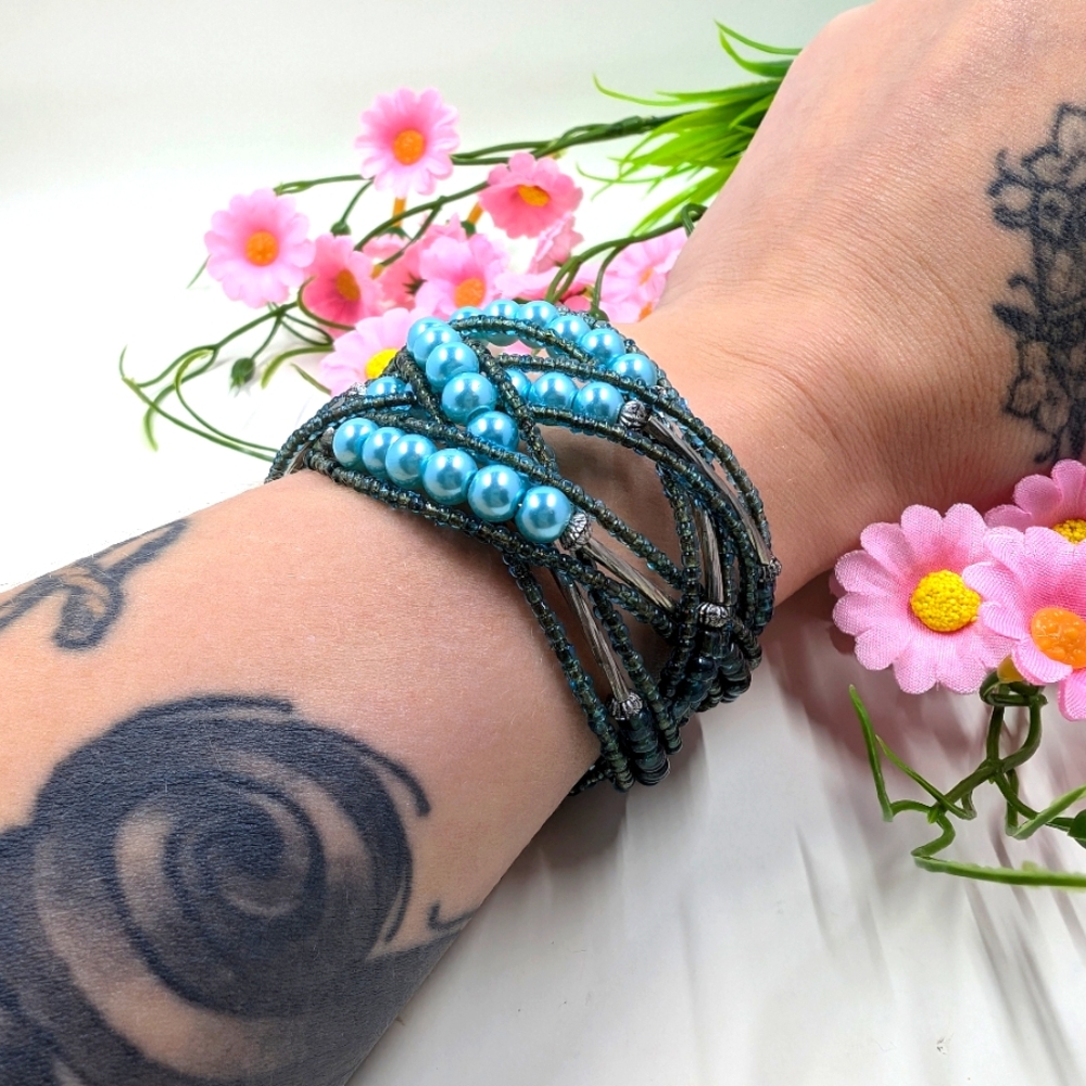Bright Blue Beaded Handmade Vintage Cuff Style Bracelet - Picture 2 of 4